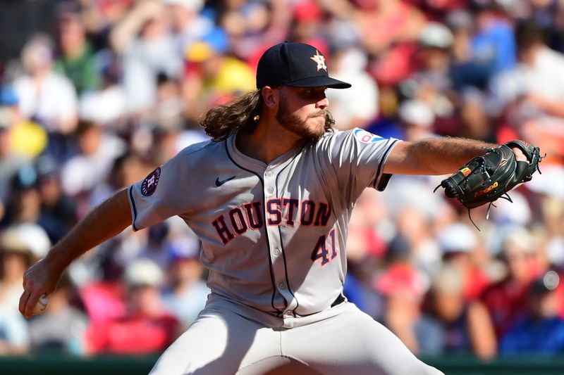 Aug 10, 2024; Boston, Massachusetts, USA;  Houston Astros starting pitcher Spencer Arrighetti (41) pitches during the third inning against the Boston Red Sox at Fenway Park. Mandatory Credit: Bob DeChiara-USA TODAY Sports