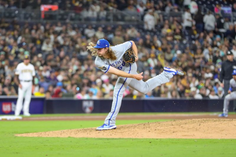 May 16, 2023; San Diego, California, USA; Kansas City Royals relief pitcher Scott Barlow (58) throws a pitch against the San Diego Padres during the ninth inning at Petco Park. Mandatory Credit: David Frerker-USA TODAY Sports