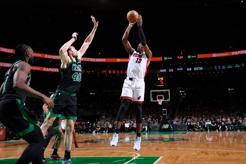 BOSTON, MA - DECEMBER 2: Bam Adebayo #13 of the Miami Heat shoots the ball during the game against the Boston Celtics on December 2, 2024 at TD Garden in Boston, Massachusetts. NOTE TO USER: User expressly acknowledges and agrees that, by downloading and/or using this Photograph, user is consenting to the terms and conditions of the Getty Images License Agreement. Mandatory Copyright Notice: Copyright 2024 NBAE (Photo by Brian Babineau/NBAE via Getty Images)