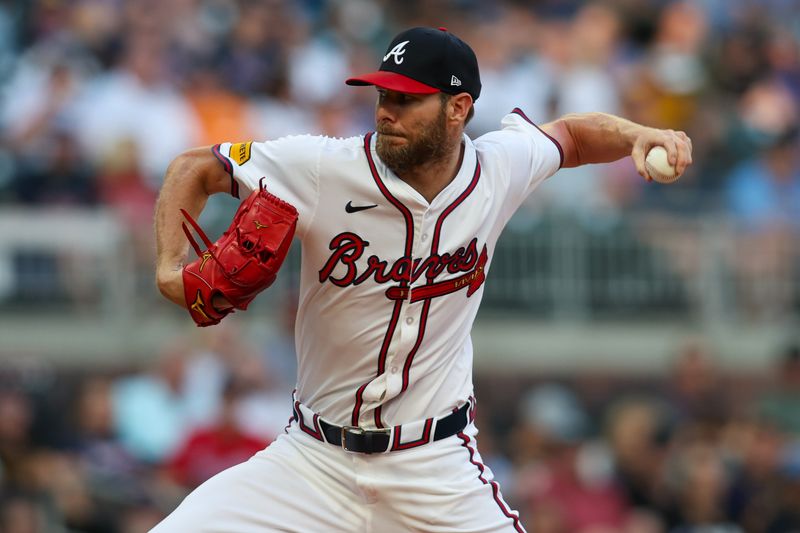 Aug 7, 2024; Atlanta, Georgia, USA; Atlanta Braves starting pitcher Chris Sale (51) throws against the Milwaukee Brewers in the first inning at Truist Park. Mandatory Credit: Brett Davis-USA TODAY Sports
