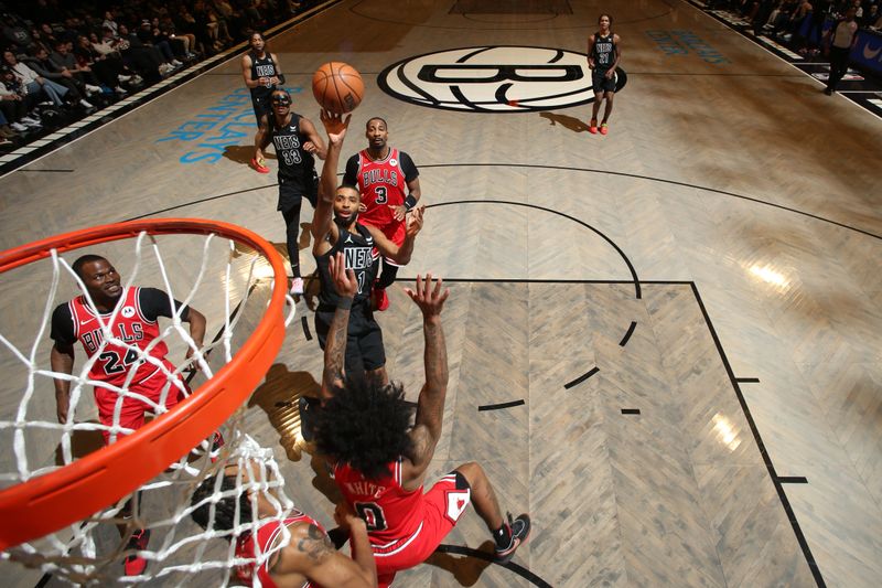 BROOKLYN, NY - MARCH 29: Mikal Bridges #1 of the Brooklyn Nets shoots the ball during the game against the Chicago Bulls on March 29, 2024 at Barclays Center in Brooklyn, New York. NOTE TO USER: User expressly acknowledges and agrees that, by downloading and or using this Photograph, user is consenting to the terms and conditions of the Getty Images License Agreement. Mandatory Copyright Notice: Copyright 2024 NBAE (Photo by Nathaniel S. Butler/NBAE via Getty Images)