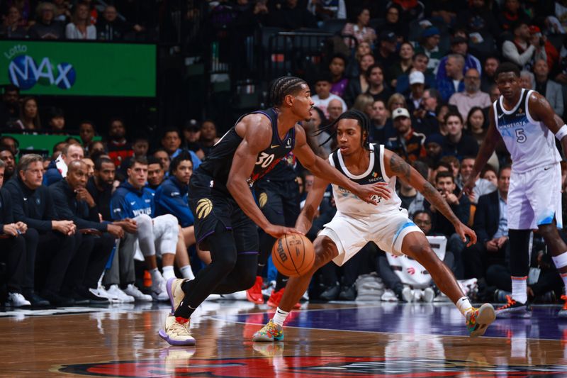 TORONTO, CANADA - NOVEMBER 21: Ochai Agbaji #30 of the Toronto Raptors dribbles the ball during the game against the Minnesota Timberwolves on November 21, 2024 at the Scotiabank Arena in Toronto, Ontario, Canada.  NOTE TO USER: User expressly acknowledges and agrees that, by downloading and or using this Photograph, user is consenting to the terms and conditions of the Getty Images License Agreement.  Mandatory Copyright Notice: Copyright 2024 NBAE (Photo by Vaughn Ridley/NBAE via Getty Images)