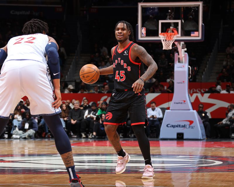 WASHINGTON, DC -?JANUARY 29: Davion Mitchell #45 of the Toronto Raptors looks on during the game against the Washington Wizards on January 29, 2025 at Capital One Arena in Washington, DC. NOTE TO USER: User expressly acknowledges and agrees that, by downloading and or using this Photograph, user is consenting to the terms and conditions of the Getty Images License Agreement. Mandatory Copyright Notice: Copyright 2025 NBAE (Photo by Stephen Gosling/NBAE via Getty Images)