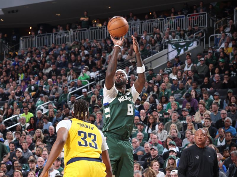 MILWAUKEE, WI - APRIL 21:  Bobby Portis #9 of the Milwaukee Bucks shoots the ball during the game  against the Indiana Pacers during Round 1 Game 1 of the 2024 NBA Playoffs  on April 21, 2024 at the Fiserv Forum Center in Milwaukee, Wisconsin. NOTE TO USER: User expressly acknowledges and agrees that, by downloading and or using this Photograph, user is consenting to the terms and conditions of the Getty Images License Agreement. Mandatory Copyright Notice: Copyright 2024 NBAE (Photo by Jeff Haynes/NBAE via Getty Images).