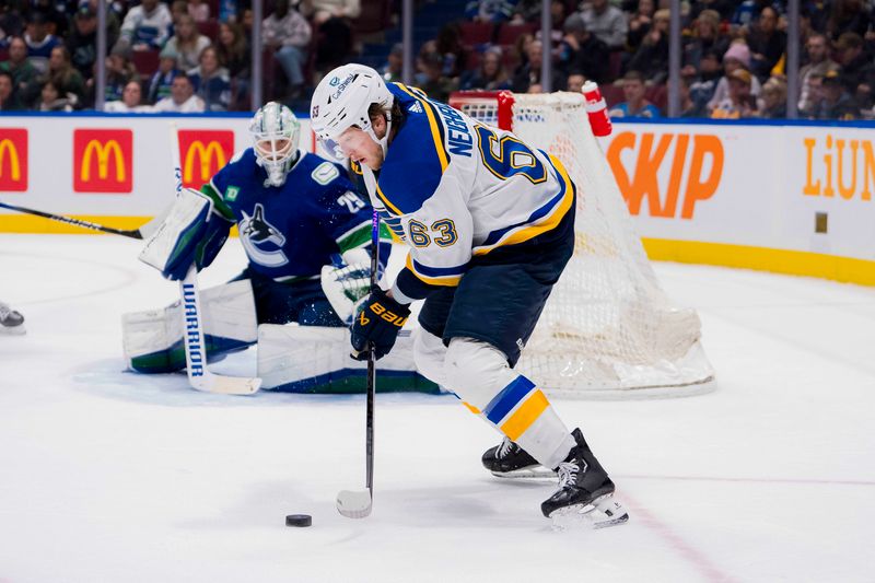 Jan 24, 2024; Vancouver, British Columbia, CAN; St. Louis Blues forward Jake Neighbours (63) handles the puck against the Vancouver Canucks in the first period at Rogers Arena. Mandatory Credit: Bob Frid-USA TODAY Sports