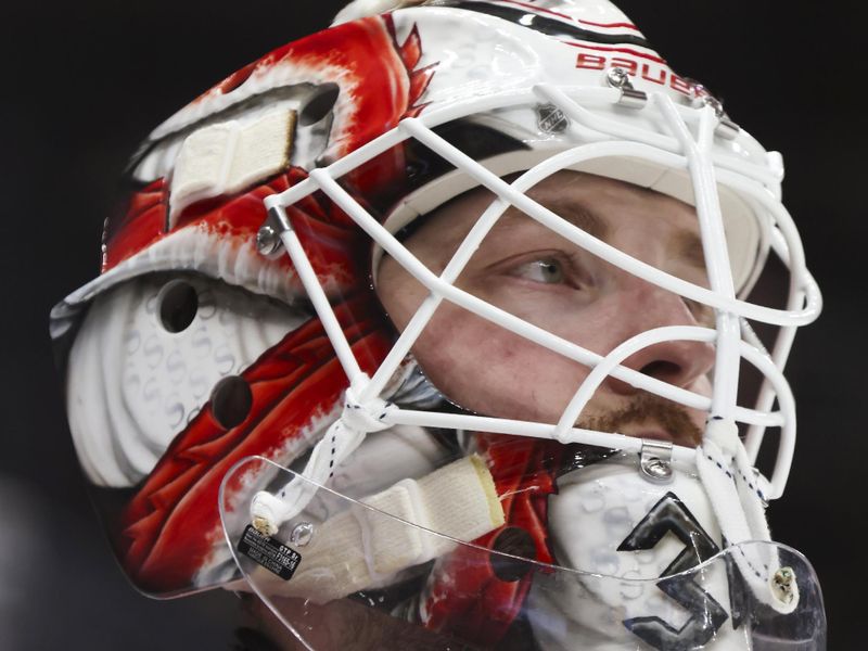Feb 2, 2026; Pittsburgh, Pennsylvania, USA;  Ottawa Senators goaltender Linus Ullmark (35) looks on against the Pittsburgh Penguins during the third period at PPG Paints Arena. Mandatory Credit: Charles LeClaire-Imagn Images