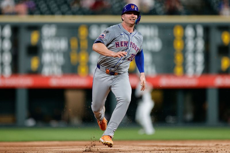 Aug 6, 2024; Denver, Colorado, USA; New York Mets first baseman Pete Alonso (20) runs to third in the sixth inning against the Colorado Rockies at Coors Field. Mandatory Credit: Isaiah J. Downing-USA TODAY Sports