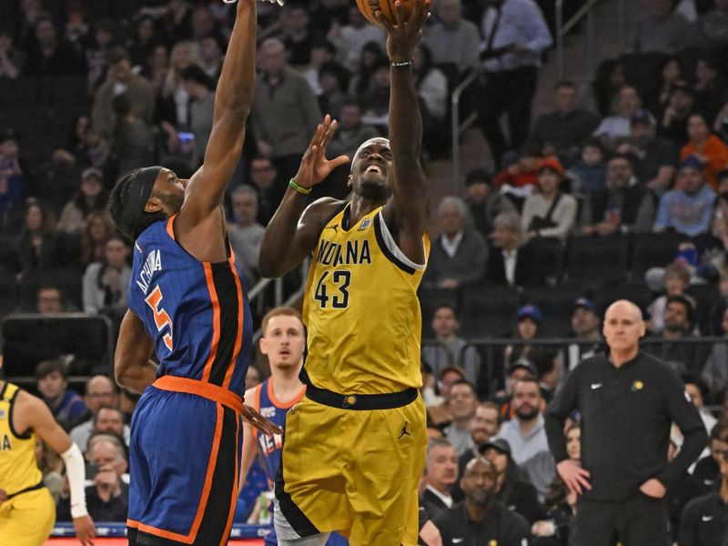 NEW YORK, NY - FEBRUARY 10: Pascal Siakam #43 of the Indiana Pacers drives to the basket during the game against the New York Knicks on February 10, 2024 at Madison Square Garden in New York City, New York.  NOTE TO USER: User expressly acknowledges and agrees that, by downloading and or using this photograph, User is consenting to the terms and conditions of the Getty Images License Agreement. Mandatory Copyright Notice: Copyright 2024 NBAE  (Photo by David Dow/NBAE via Getty Images)