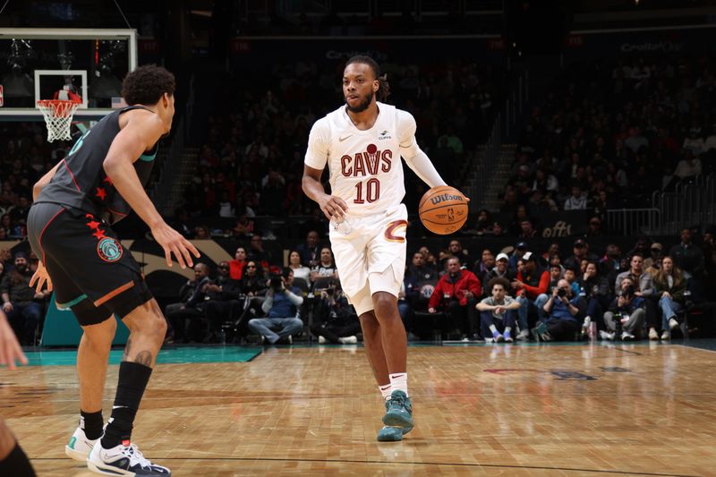 WASHINGTON, DC -? FEBRUARY 25: Darius Garland #10 of the Cleveland Cavaliers dribbles the ball during the game against the Washington Wizards on February 25, 2024 at Capital One Arena in Washington, DC. NOTE TO USER: User expressly acknowledges and agrees that, by downloading and or using this Photograph, user is consenting to the terms and conditions of the Getty Images License Agreement. Mandatory Copyright Notice: Copyright 2024 NBAE (Photo by Stephen Gosling/NBAE via Getty Images)