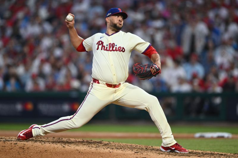 Oct 6, 2024; Philadelphia, Pennsylvania, USA; Philadelphia Phillies pitcher Carlos Estévez (53) pitches in the in the eighth inning against the New York Mets during game two of the NLDS for the 2024 MLB Playoffs at Citizens Bank Park. Mandatory Credit: Kyle Ross-Imagn Images