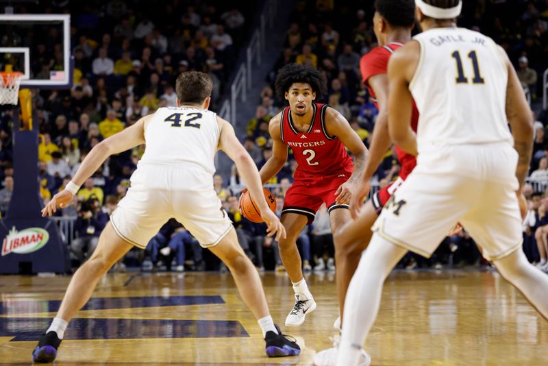 Feb 27, 2025; Ann Arbor, Michigan, USA;  Rutgers Scarlet Knights guard Dylan Harper (2) dribbles defended by Michigan Wolverines forward Will Tschetter (42) in the second half at Crisler Center. Mandatory Credit: Rick Osentoski-Imagn Images