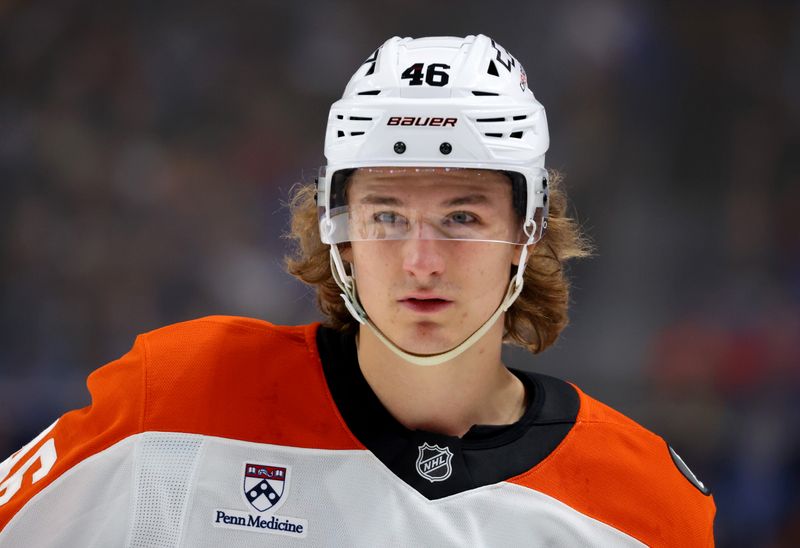 Dec 18, 2025; Buffalo, New York, USA;  Philadelphia Flyers center Trevor Zegras (46) during a stoppage in play against the Buffalo Sabres at KeyBank Center. Mandatory Credit: Timothy T. Ludwig-Imagn Images