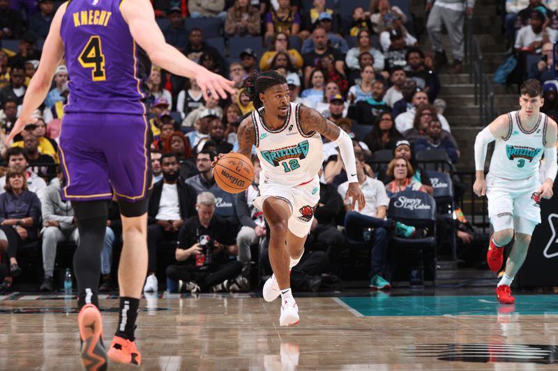 MEMPHIS, TN - NOVEMBER 6: Ja Morant #12 of the Memphis Grizzlies dribbles the ball during the game against the Los Angeles Lakers on November 6, 2024 at FedExForum in Memphis, Tennessee. NOTE TO USER: User expressly acknowledges and agrees that, by downloading and or using this photograph, User is consenting to the terms and conditions of the Getty Images License Agreement. Mandatory Copyright Notice: Copyright 2024 NBAE (Photo by Joe Murphy/NBAE via Getty Images)