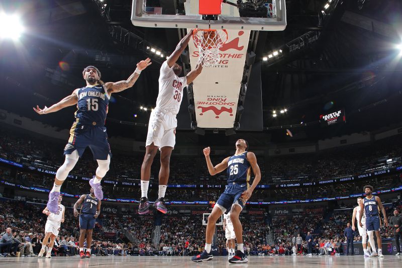 NEW ORLEANS, LA - MARCH 13: Damian Jones #30 of the Cleveland Cavaliers dunks the ball during the game against the New Orleans Pelicans on March 13, 2024 at the Smoothie King Center in New Orleans, Louisiana. NOTE TO USER: User expressly acknowledges and agrees that, by downloading and or using this Photograph, user is consenting to the terms and conditions of the Getty Images License Agreement. Mandatory Copyright Notice: Copyright 2024 NBAE (Photo by Layne Murdoch Jr./NBAE via Getty Images)