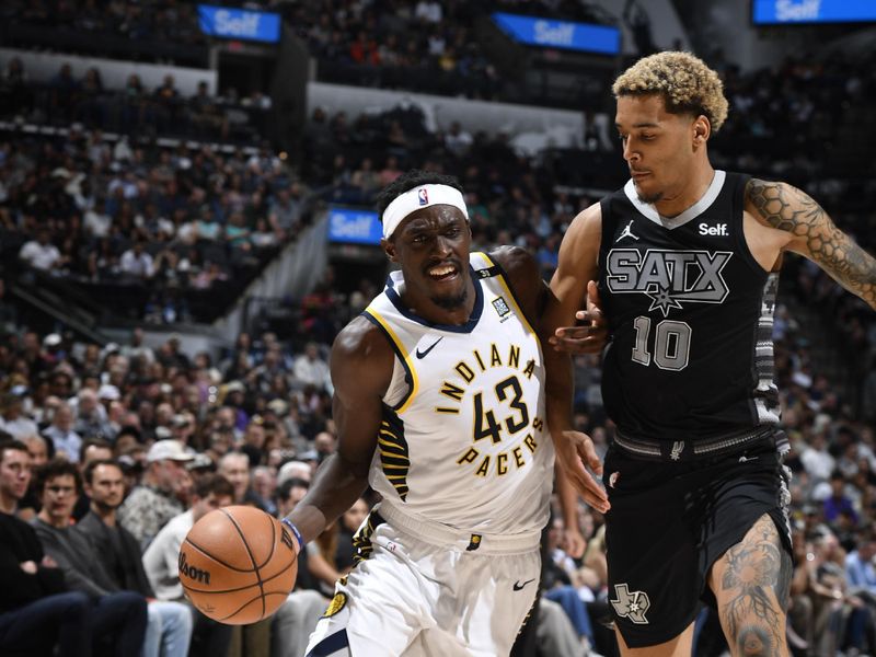 HOUSTON, TX - MARCH 3: Pascal Siakam #43 of the Indiana Pacers handles the ball during the game against the San Antonio Spurs on March 3, 2024 at the Toyota Center in Houston, Texas. NOTE TO USER: User expressly acknowledges and agrees that, by downloading and or using this photograph, User is consenting to the terms and conditions of the Getty Images License Agreement. Mandatory Copyright Notice: Copyright 2024 NBAE (Photo by Logan Riely/NBAE via Getty Images)