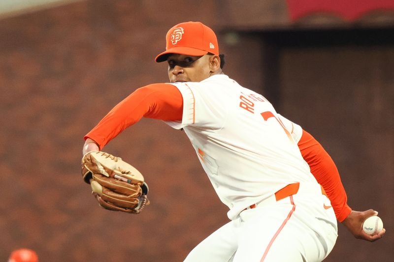 May 14, 2024; San Francisco, California, USA; San Francisco Giants relief pitcher Randy Rodriguez (73) pitches against the Los Angeles Dodgers during the fifth inning at Oracle Park. Mandatory Credit: Kelley L Cox-USA TODAY Sports