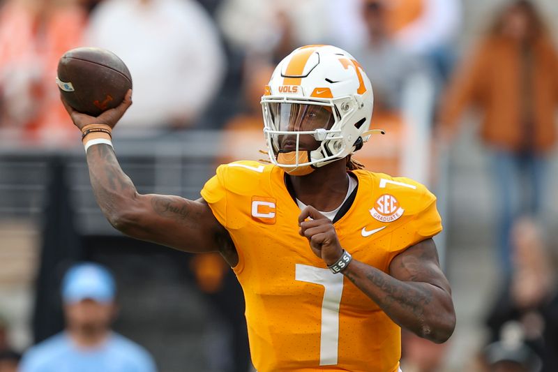 Nov 25, 2023; Knoxville, Tennessee, USA; Tennessee Volunteers quarterback Joe Milton III (7) passes the ball against the Vanderbilt Commodores during the first half at Neyland Stadium. Mandatory Credit: Randy Sartin-USA TODAY Sports