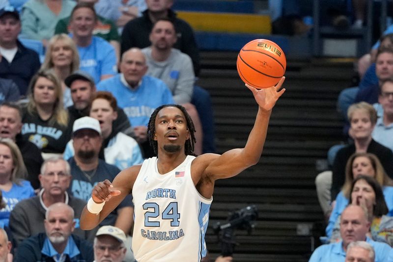 Feb 26, 2024; Chapel Hill, North Carolina, USA; North Carolina Tar Heels forward Jae'Lyn Withers (24) with the ball in the first half at Dean E. Smith Center. Mandatory Credit: Bob Donnan-USA TODAY Sports