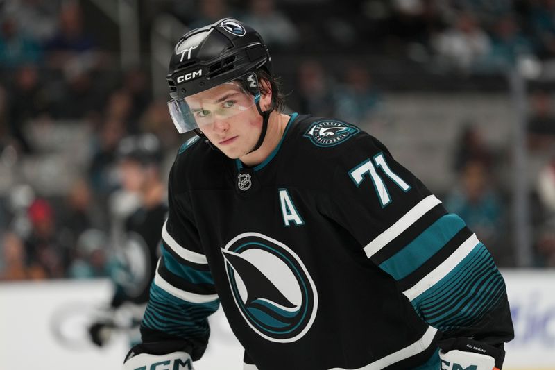 Oct 14, 2025; San Jose, California, USA;  San Jose Sharks center Macklin Celebrini (71) during the third period against the Carolina Hurricanes at SAP Center at San Jose. Mandatory Credit: Stan Szeto-Imagn Images