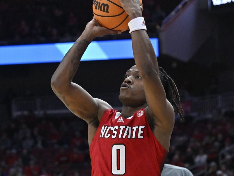 Jan 13, 2024; Louisville, Kentucky, USA;  North Carolina State Wolfpack guard DJ Horne (0) shoots the ball against the Louisville Cardinals during the first half at KFC Yum! Center. Mandatory Credit: Jamie Rhodes-USA TODAY Sports