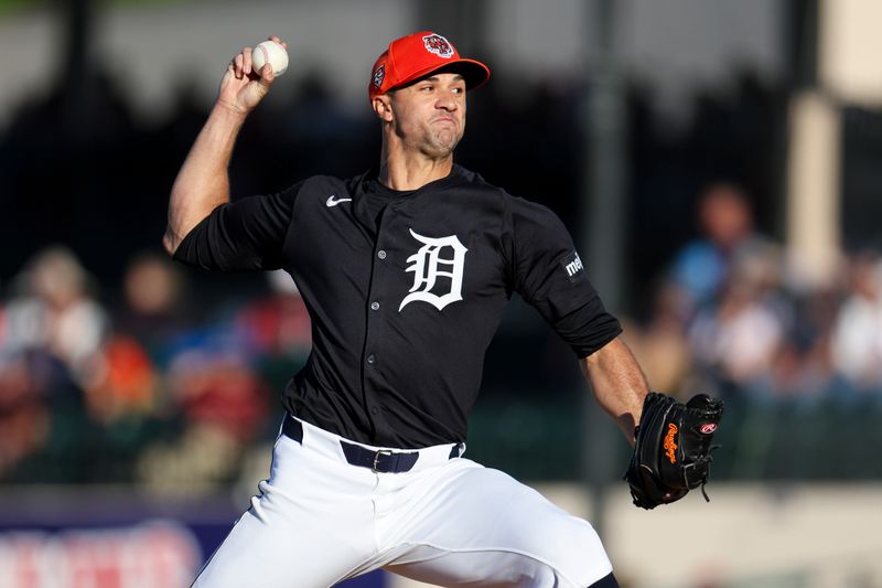 Mar 19, 2024; Lakeland, Florida, USA;  Detroit Tigers pitcher Jack Flaherty (45) throws a pitch against the Philadelphia Phillies in the first inning at Publix Field at Joker Marchant Stadium. Mandatory Credit: Nathan Ray Seebeck-USA TODAY Sports