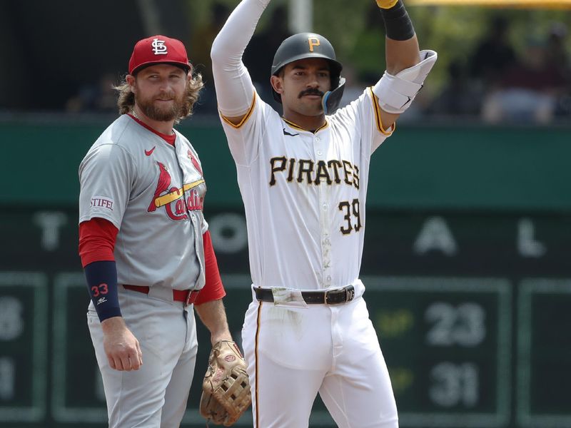 Jul 24, 2024; Pittsburgh, Pennsylvania, USA;  Pittsburgh Pirates second baseman Nick Gonzales (39) reacts at second base after hitting a double against the St. Louis Cardinals during the fourth inning at PNC Park. Mandatory Credit: Charles LeClaire-USA TODAY Sports