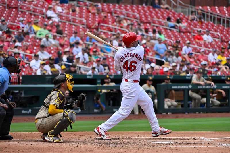 Aug 29, 2024; St. Louis, Missouri, USA;  St. Louis Cardinals first baseman Paul Goldschmidt (46) hits a one run double against the San Diego Padres during the third inning at Busch Stadium. Mandatory Credit: Jeff Curry-USA TODAY Sports