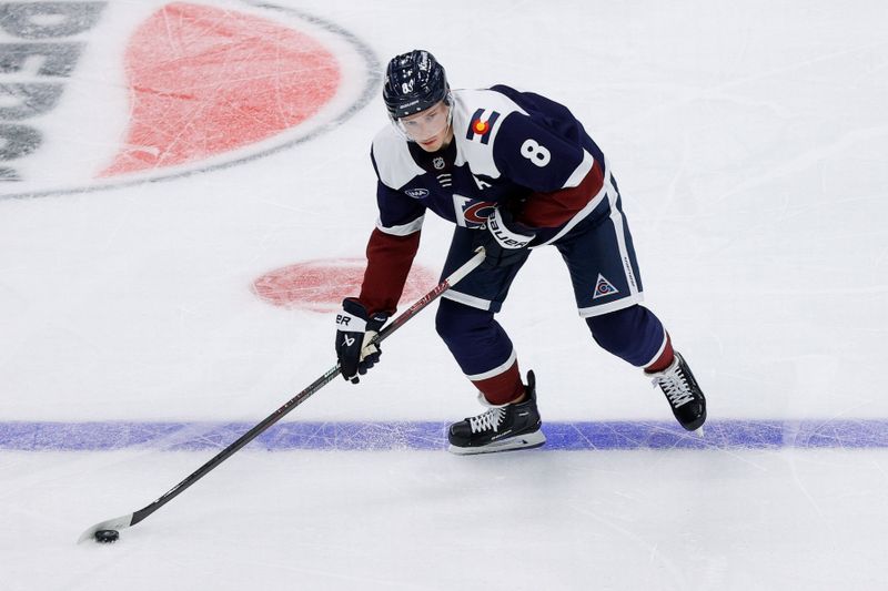 Oct 28, 2024; Denver, Colorado, USA; Colorado Avalanche defenseman Cale Makar (8) controls the puck in the second period against the Chicago Blackhawks at Ball Arena. Mandatory Credit: Isaiah J. Downing-Imagn Images