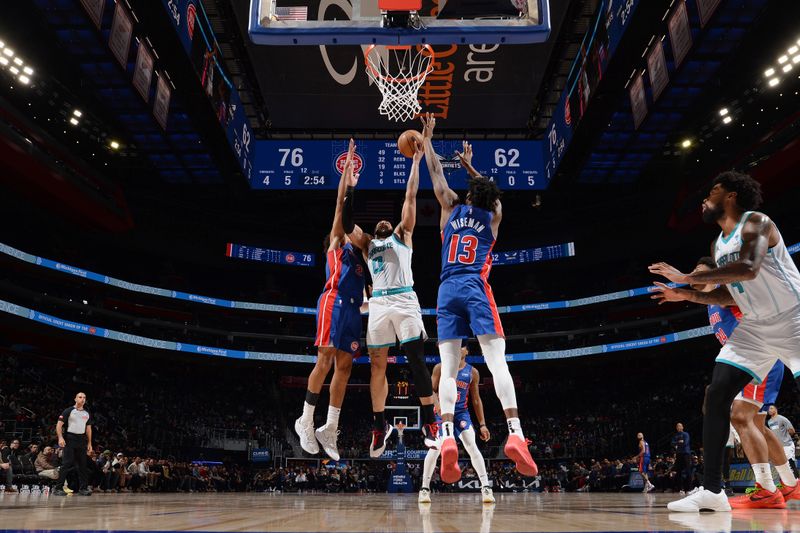 DETROIT, MI - MARCH 11: Miles Bridges #0 of the Charlotte Hornets drives to the basket during the game against the Detroit Pistons  on March 11, 2024 at Little Caesars Arena in Detroit, Michigan. NOTE TO USER: User expressly acknowledges and agrees that, by downloading and/or using this photograph, User is consenting to the terms and conditions of the Getty Images License Agreement. Mandatory Copyright Notice: Copyright 2024 NBAE (Photo by Chris Schwegler/NBAE via Getty Images)