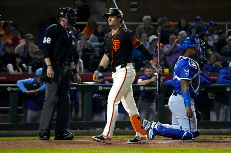 Mar 19, 2024; Scottsdale, Arizona, USA; San Francisco Giants center fielder Mike Yastrzemski (5) reacts after striking out against the Kansas City Royals in the first inning at Scottsdale Stadium. Mandatory Credit: Rick Scuteri-USA TODAY Sports