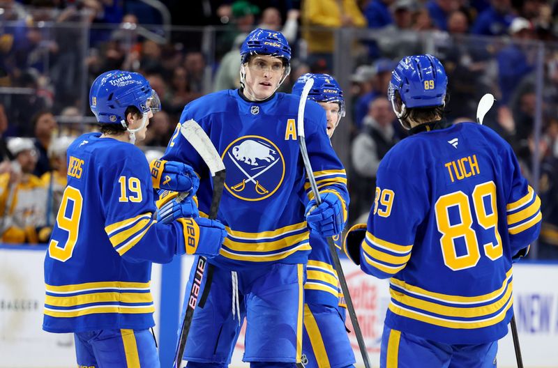 Mar 7, 2026; Buffalo, New York, USA;  Buffalo Sabres center Tage Thompson (72) celebrates his goal with teammates during the second period against the Nashville Predators at KeyBank Center. Mandatory Credit: Timothy T. Ludwig-Imagn Images