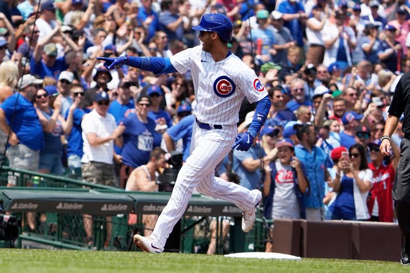 Jul 23, 2023; Chicago, Illinois, USA; Chicago Cubs center fielder Cody Bellinger (24) runs the bases after hitting a two-run homer against the St. Louis Cardinals during the first inning at Wrigley Field. Mandatory Credit: David Banks-USA TODAY Sports