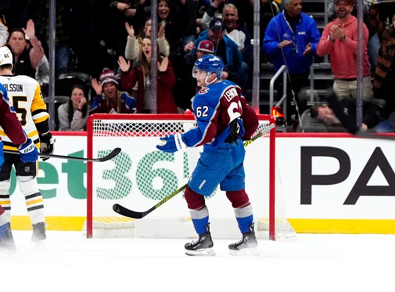 Mar 4, 2025; Denver, Colorado, USA; Colorado Avalanche left wing Artturi Lehkonen (62) celebrates his empty net goal in the third period against the Pittsburgh Penguins at Ball Arena. Mandatory Credit: Ron Chenoy-Imagn Images