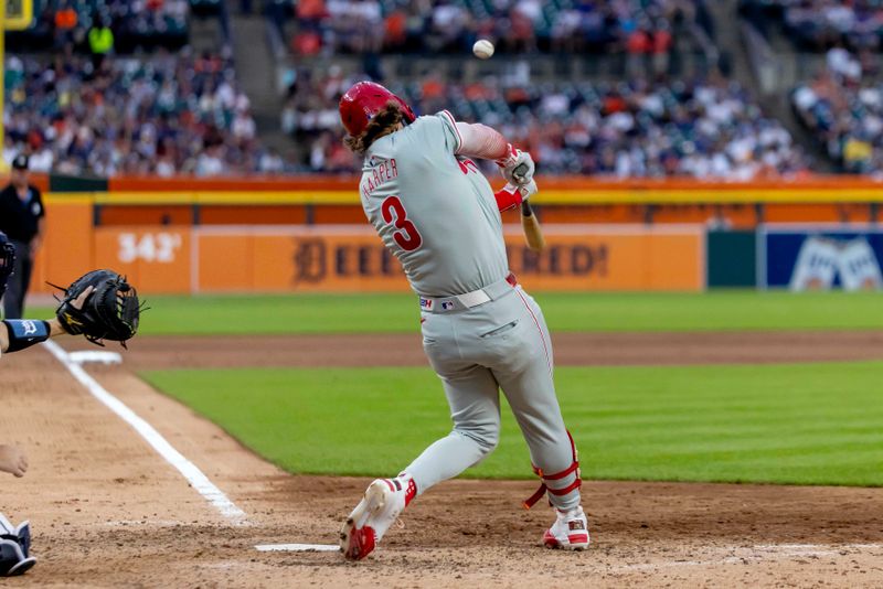 Jun 25, 2024; Detroit, Michigan, USA; Philadelphia Phillies first base Bryce Harper (3) hits a solo home run against the Detroit Tigers at Comerica Park. Mandatory Credit: David Reginek-USA TODAY Sports