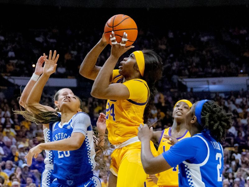 Mar 3, 2024; Baton Rouge, Louisiana, USA; LSU Lady Tigers guard Aneesah Morrow (24) shoots against Kentucky Wildcats guard Amiya Jenkins (20) during the first half at Pete Maravich Assembly Center. Mandatory Credit: Matthew Hinton-USA TODAY Sports