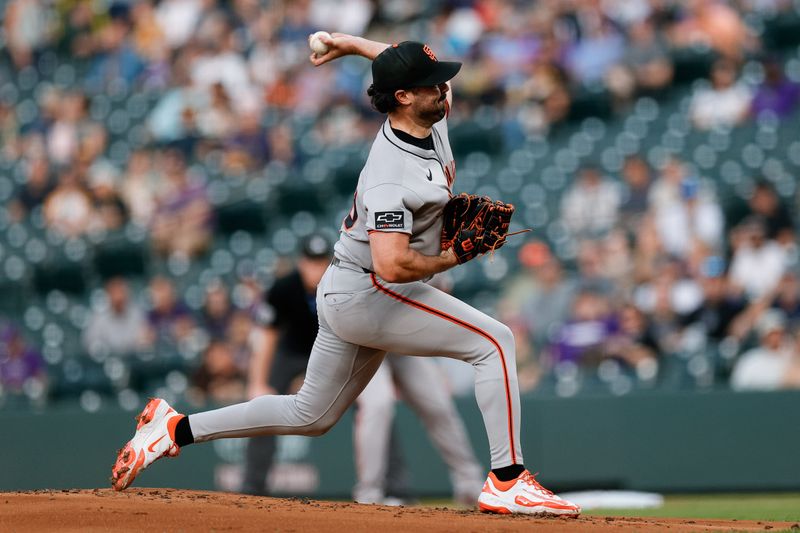 Sep 3, 2025; Denver, Colorado, USA; San Francisco Giants starting pitcher Robbie Ray (38) pitches in the first inning against the Colorado Rockies at Coors Field. Mandatory Credit: Isaiah J. Downing-Imagn Images