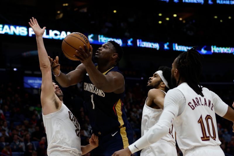 NEW ORLEANS, LOUISIANA - MARCH 13: Zion Williamson #1 of the New Orleans Pelicans shoots the ball over Georges Niang #20 of the Cleveland Cavaliers at Smoothie King Center on March 13, 2024 in New Orleans, Louisiana.   NOTE TO USER: User expressly acknowledges and agrees that, by downloading and or using this photograph, User is consenting to the terms and conditions of the Getty Images License Agreement.  (Photo by Chris Graythen/Getty Images)