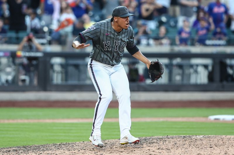 Jul 13, 2024; New York City, New York, USA; New York Mets relief pitcher Dedniel Núñez (72) reacts after recording a save after defeating the Colorado Rockies 7-3 at Citi Field. Mandatory Credit: Wendell Cruz-USA TODAY Sports