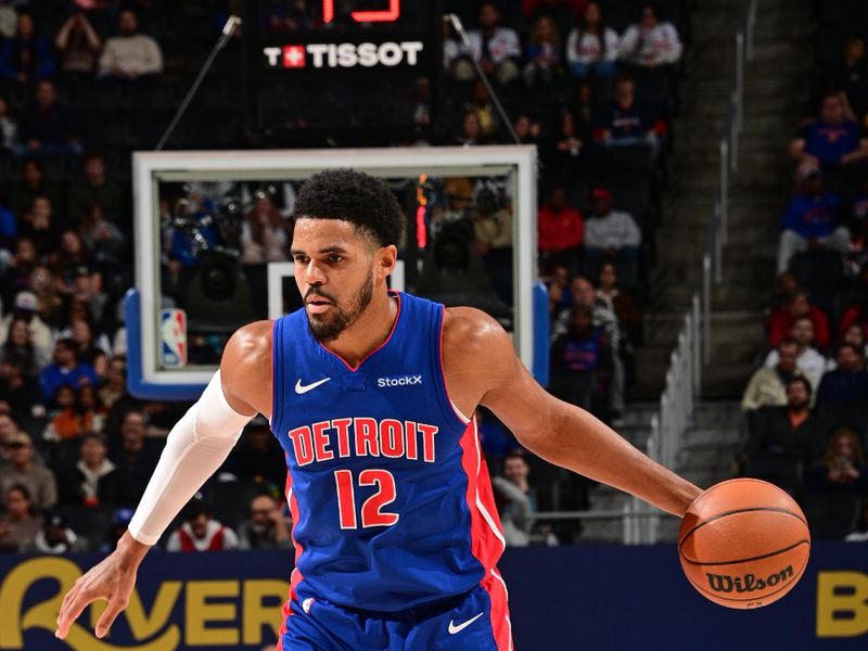 DETROIT, MI - NOVEMBER 8: Tobias Harris #12 of the Detroit Pistons dribbles the ball during the game against the Atlanta Hawks on November  8, 2024 at Little Caesars Arena in Detroit, Michigan. NOTE TO USER: User expressly acknowledges and agrees that, by downloading and/or using this photograph, User is consenting to the terms and conditions of the Getty Images License Agreement. Mandatory Copyright Notice: Copyright 2024 NBAE (Photo by Chris Schwegler/NBAE via Getty Images)