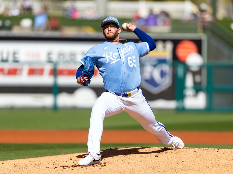 Feb 25, 2026; Surprise, Arizona, USA; Kansas City Royals pitcher Noah Cameron against the Seattle Mariners during a spring training game at Surprise Stadium. Mandatory Credit: Mark J. Rebilas-Imagn Images