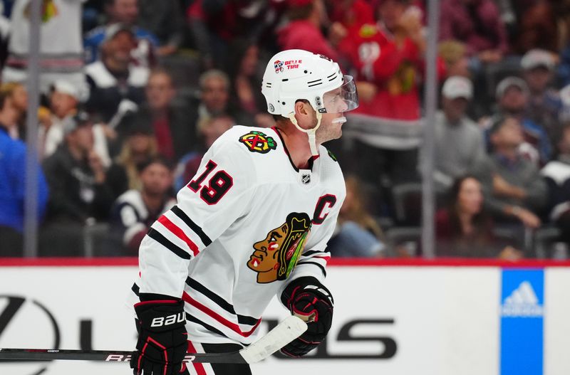 Oct 12, 2022; Denver, Colorado, USA; Chicago Blackhawks center Jonathan Toews (19) after scoring a goal in the first period against the Colorado Avalanche at Ball Arena. Mandatory Credit: Ron Chenoy-USA TODAY Sports