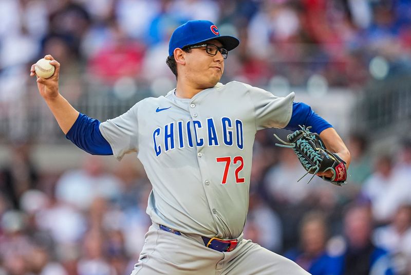 May 15, 2024; Cumberland, Georgia, USA; Chicago Cubs starting pitcher Javier Assad (72) pitches against the Atlanta Braves during the first inning at Truist Park. Mandatory Credit: Dale Zanine-USA TODAY Sports