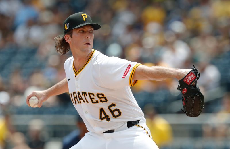 Aug 18, 2024; Pittsburgh, Pennsylvania, USA;  Pittsburgh Pirates starting pitcher Jake Woodford (46) delivers a pitch against the Seattle Mariners during the first inning at PNC Park. Mandatory Credit: Charles LeClaire-USA TODAY Sports