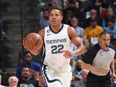 MEMPHIS, TN - OCTOBER 19: Desmond Bane #22 of the Memphis Grizzlies dribbles the ball during the game against the New York Knicks on October 19, 2022 at FedExForum in Memphis, Tennessee. NOTE TO USER: User expressly acknowledges and agrees that, by downloading and or using this photograph, User is consenting to the terms and conditions of the Getty Images License Agreement. Mandatory Copyright Notice: Copyright 2022 NBAE (Photo by Joe Murphy/NBAE via Getty Images)