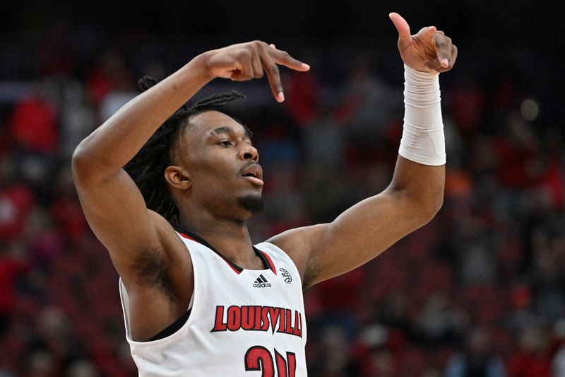 Jan 3, 2023; Louisville, Kentucky, USA; Louisville Cardinals forward Jae'Lyn Withers (24) reacts after hitting a shot during the first half against the Syracuse Orange at KFC Yum! Center. Mandatory Credit: Jamie Rhodes-USA TODAY Sports