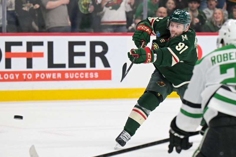 Mar 21, 2026; Saint Paul, Minnesota, USA;  Minnesota Wild forward Vladimir Tarasenko (91) scores an overtime game-winning goal against the Dallas Stars at Grand Casino Arena. Mandatory Credit: Nick Wosika-Imagn Images