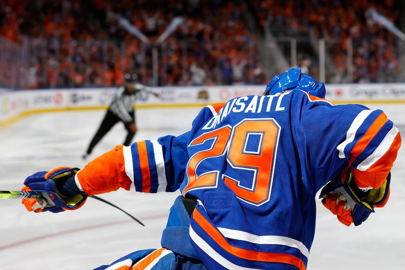 Apr 22, 2024; Edmonton, Alberta, CAN; Edmonton Oilers forward Leon Draisaitl (29) celebrates after scoring a goal during the third period against the Los Angeles Kings in game one of the first round of the 2024 Stanley Cup Playoffs at Rogers Place. Mandatory Credit: Perry Nelson-USA TODAY Sports