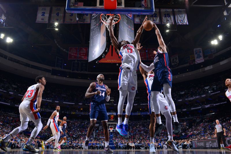 PHILADELPHIA, PA - APRIL 9: James Wiseman #13 of the Detroit Pistons blocks the basket during the game against the Philadelphia 76ers on April 9, 2024 at the Wells Fargo Center in Philadelphia, Pennsylvania NOTE TO USER: User expressly acknowledges and agrees that, by downloading and/or using this Photograph, user is consenting to the terms and conditions of the Getty Images License Agreement. Mandatory Copyright Notice: Copyright 2024 NBAE (Photo by Jesse D. Garrabrant/NBAE via Getty Images)