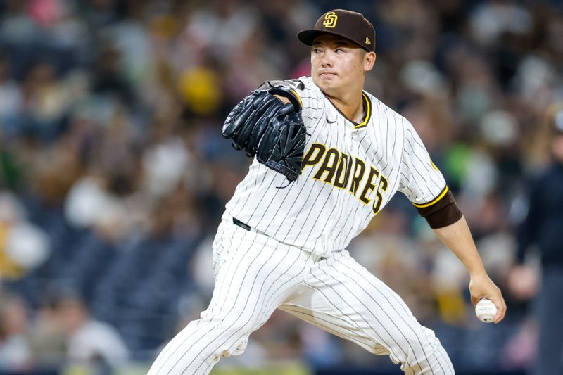 Sep 13, 2025; San Diego, California, USA; San Diego Padres relief pitcher Yuki Matsui (1) throws a pitch during the ninth inning against the Colorado Rockies at Petco Park. Mandatory Credit: David Frerker-Imagn Images