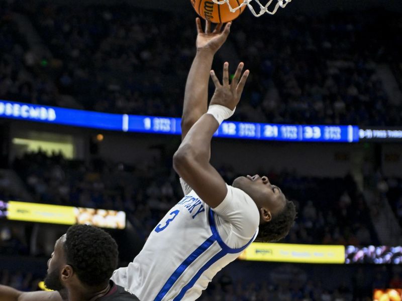 Mar 15, 2024; Nashville, TN, USA; Texas A&M Aggies guard Bryce Lindsay (3) shoots and gets fouled against the Texas A&M Aggies during the second half at Bridgestone Arena. Mandatory Credit: Steve Roberts-USA TODAY Sports